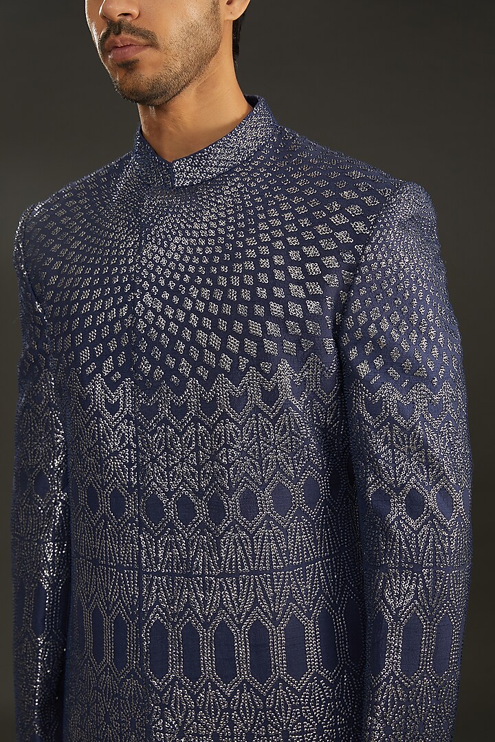 Slate Blue Silk Dupion Crystal Embroidered Indo Western Jacket Set by Rohit Gandhi & Rahul Khanna Men at Pernia's Pop Up Shop