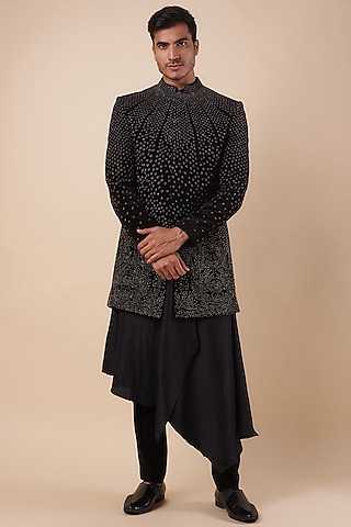 Black Viscose Dupion Pearl & Thread Embroidered Indowestern Set by Rohit Gandhi & Rahul Khanna Men