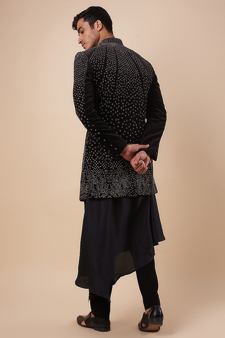Black Viscose Dupion Pearl & Thread Embroidered Groom Indowestern Set by Rohit Gandhi & Rahul Khanna Men at Pernia's Pop Up Shop