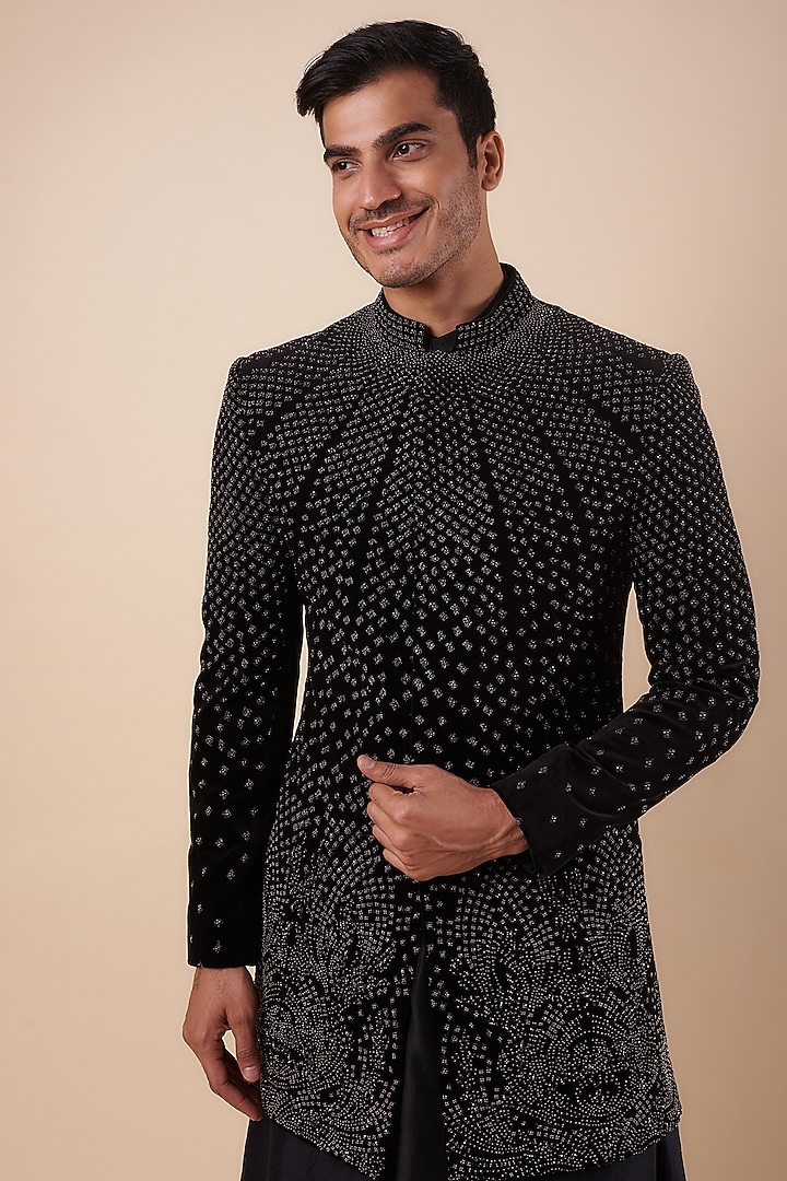 Black Viscose Dupion Pearl & Thread Embroidered Groom Indowestern Set by Rohit Gandhi & Rahul Khanna Men at Pernia's Pop Up Shop