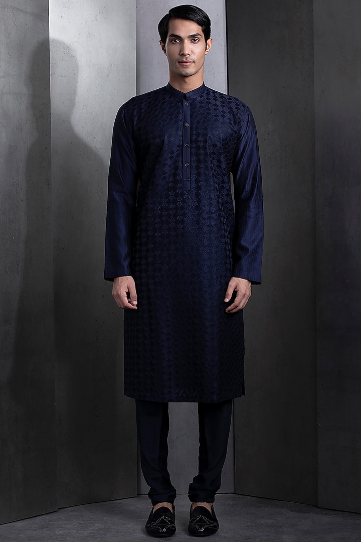 Midnight Blue Katan Embroidered Kurta Set by Rohit Gandhi & Rahul Khanna Men