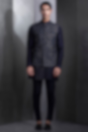 Navy Blue Cotton Silk Embroidered Nehru Jacket Set by Rohit Gandhi & Rahul Khanna Men