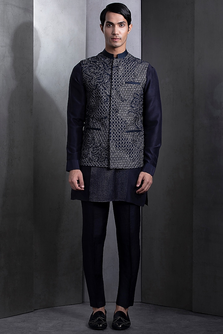 Navy Blue Cotton Silk Embroidered Nehru Jacket Set by Rohit Gandhi & Rahul Khanna Men