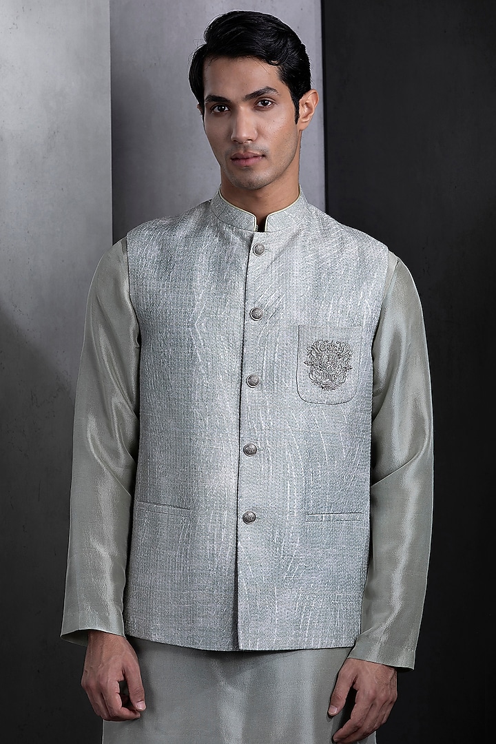 Mint Green Silk Motif Hand Embroidered Nehru Jacket Set by Rohit Gandhi & Rahul Khanna Men at Pernia's Pop Up Shop