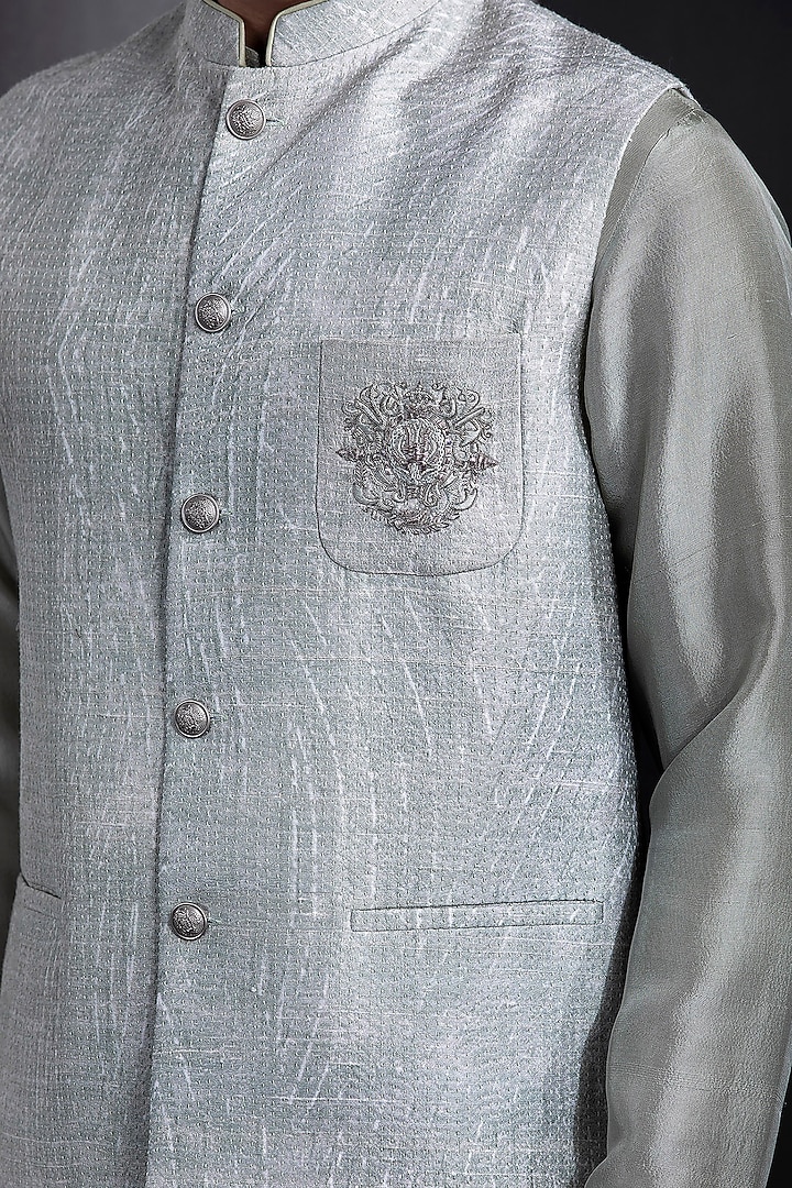 Mint Green Silk Motif Hand Embroidered Nehru Jacket Set by Rohit Gandhi & Rahul Khanna Men at Pernia's Pop Up Shop
