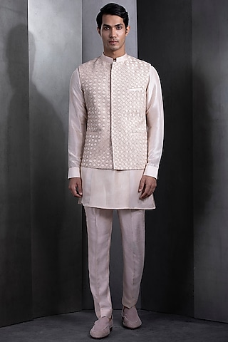 Pastel Pink Silk Embroidered Nehru Jacket Set by Rohit Gandhi & Rahul Khanna Men