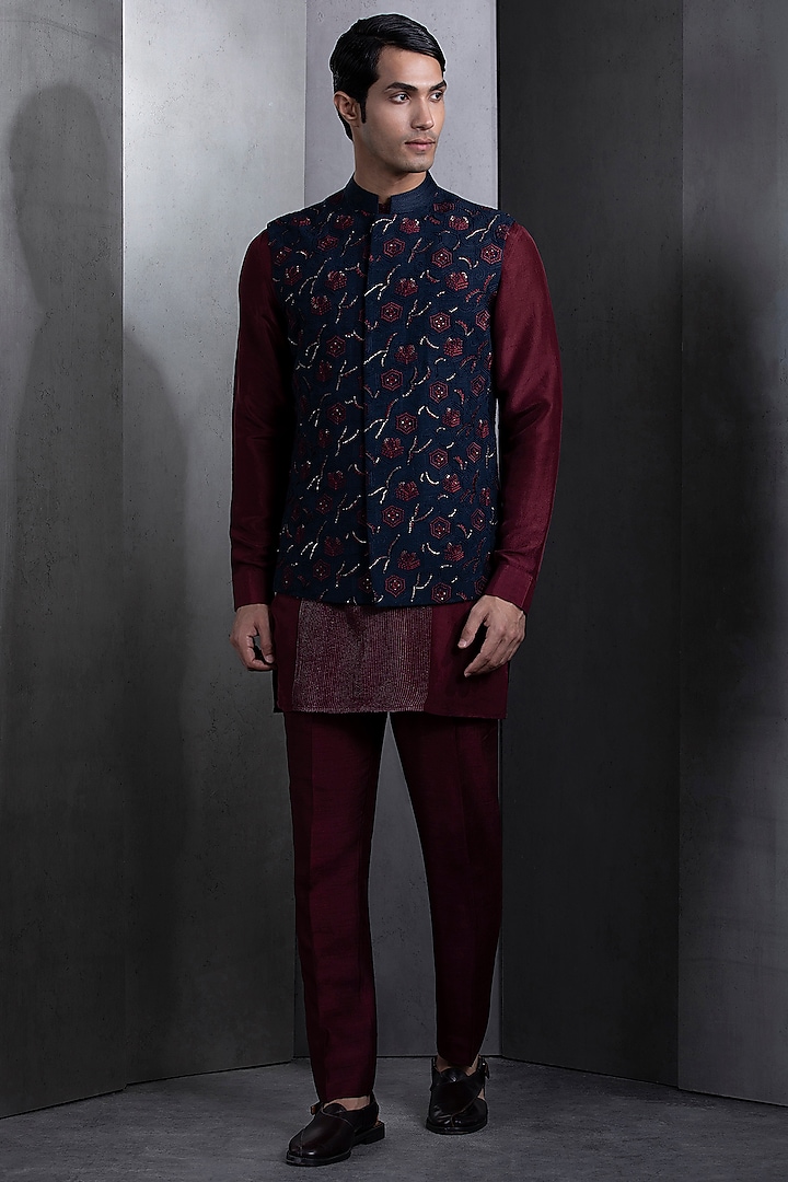 Midnight Blue Cotton Aztec Embroidered Nehru Jacket Set by Rohit Gandhi & Rahul Khanna Men