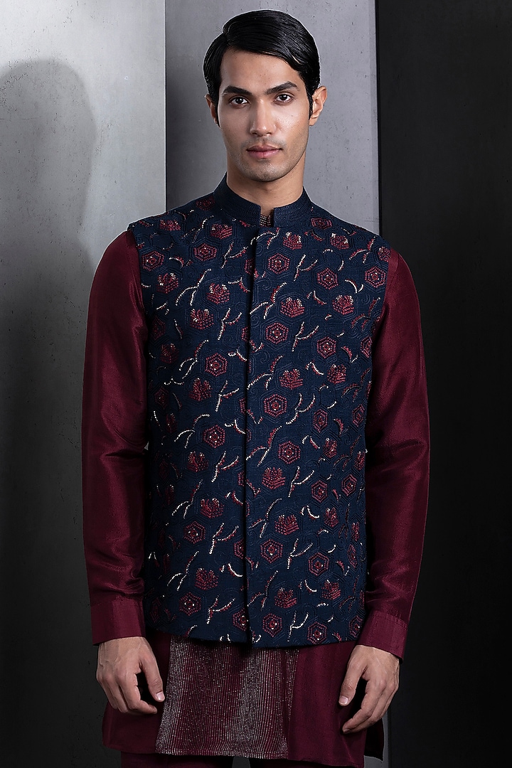Midnight Blue Cotton Aztec Embroidered Nehru Jacket Set by Rohit Gandhi & Rahul Khanna Men at Pernia's Pop Up Shop