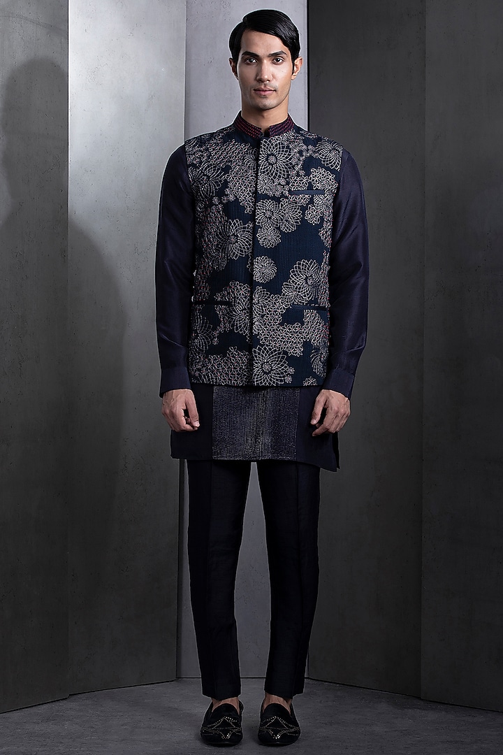 Midnight Blue Cotton Mosaic Embroidered Nehru Jacket Set by Rohit Gandhi & Rahul Khanna Men