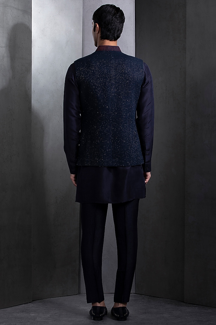 Midnight Blue Cotton Mosaic Embroidered Nehru Jacket Set by Rohit Gandhi & Rahul Khanna Men at Pernia's Pop Up Shop