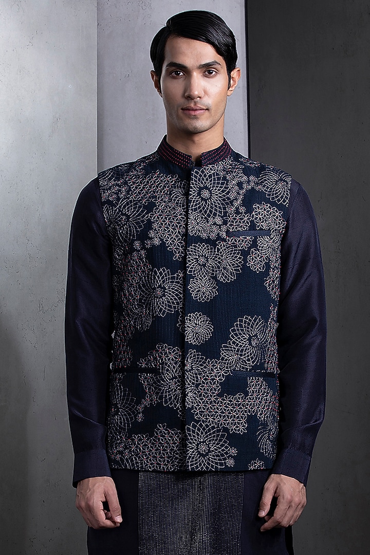 Midnight Blue Cotton Mosaic Embroidered Nehru Jacket Set by Rohit Gandhi & Rahul Khanna Men at Pernia's Pop Up Shop