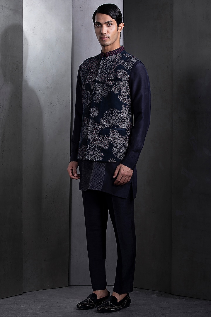 Midnight Blue Cotton Mosaic Embroidered Nehru Jacket Set by Rohit Gandhi & Rahul Khanna Men at Pernia's Pop Up Shop