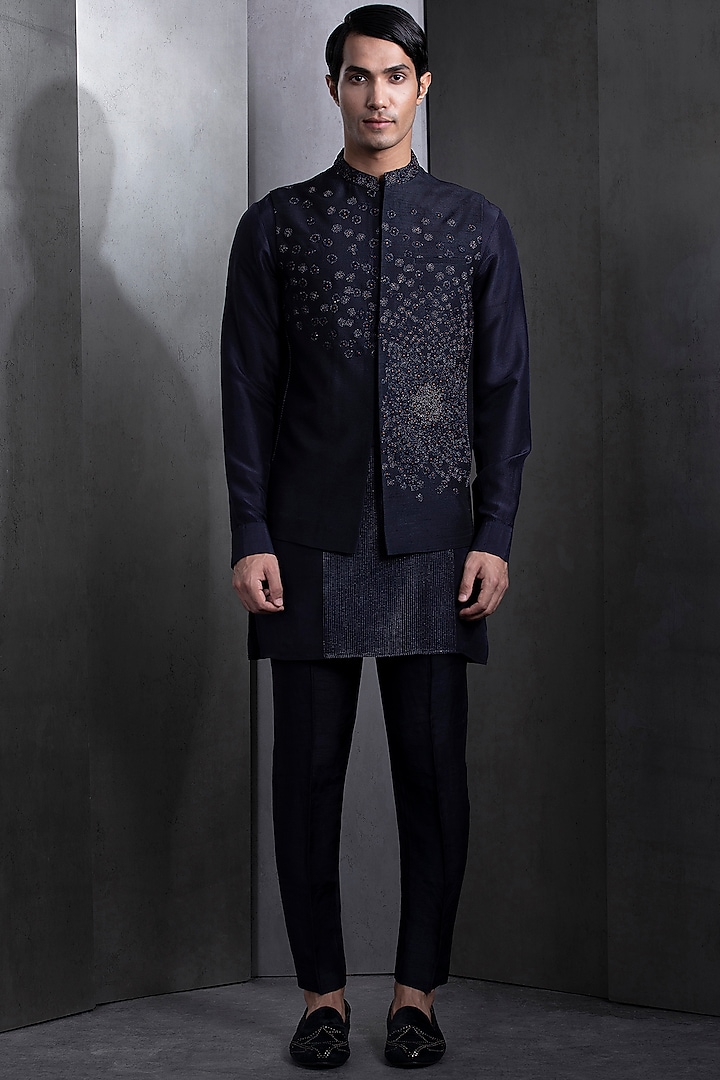 Navy Blue Silk Resham Embroidered Nehru Jacket Set by Rohit Gandhi & Rahul Khanna Men