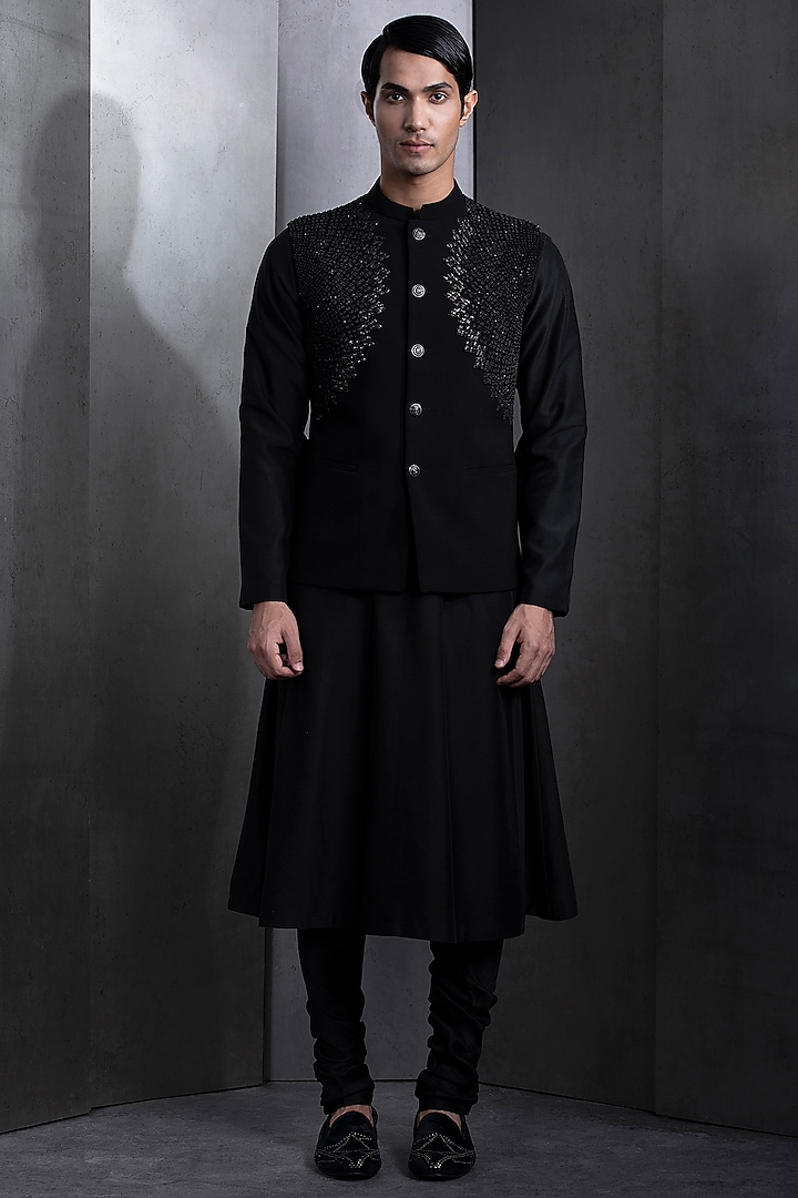 Black Silk Sequins Embroidered Nehru Jacket Set by Rohit Gandhi & Rahul Khanna Men