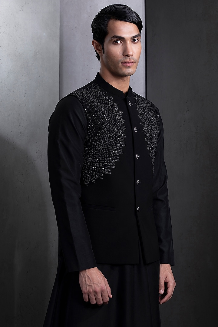 Black Silk Sequins Embroidered Nehru Jacket Set by Rohit Gandhi & Rahul Khanna Men at Pernia's Pop Up Shop