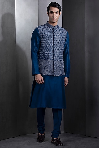 Galaxy Blue Silk Embroidered Nehru Jacket Set by Rohit Gandhi & Rahul Khanna Men