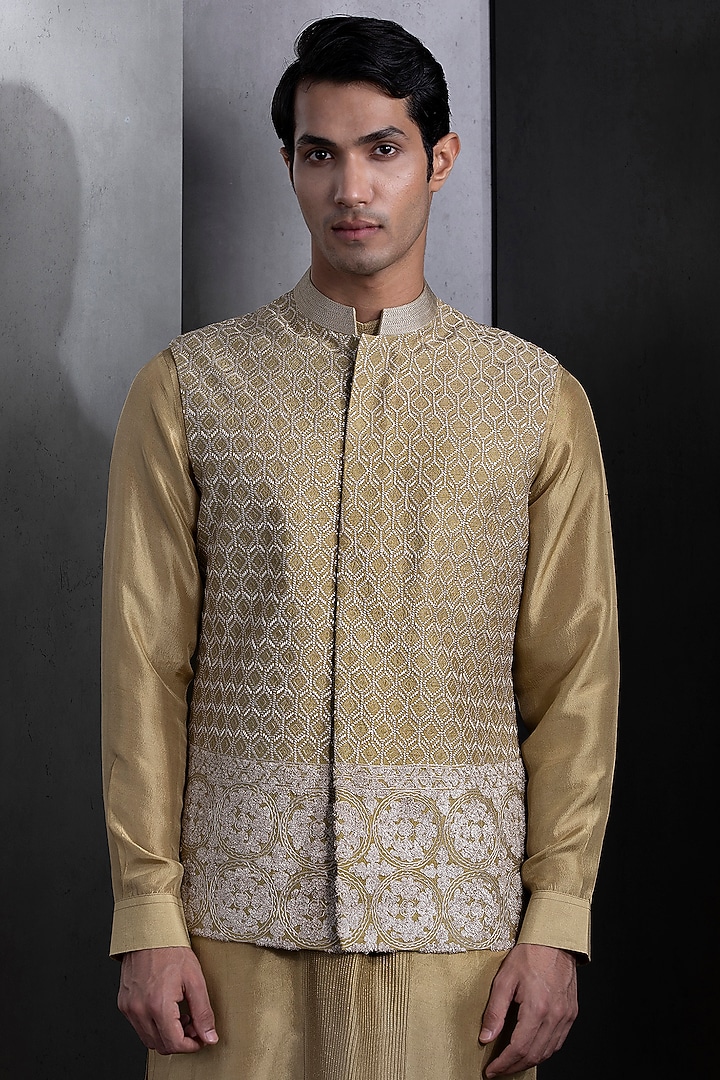 Leaf Green Silk Embroidered Nehru Jacket Set by Rohit Gandhi & Rahul Khanna Men at Pernia's Pop Up Shop