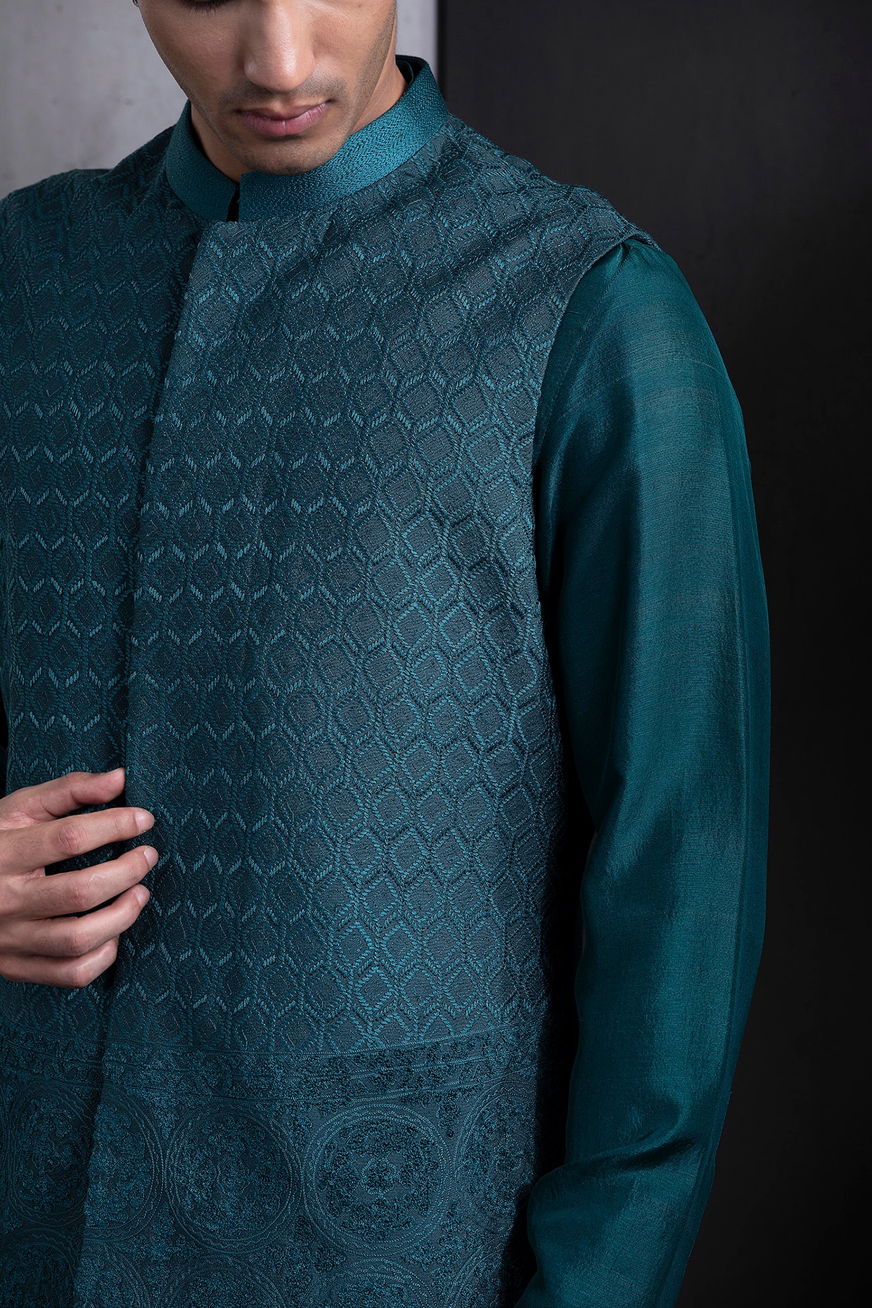 Buy Green Poly-knit Plain Button Down Front Nehru Jacket For Men by SOL by  Piyush Dedhia Online at Aza Fashions.