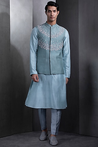 Mineral Blue Silk Embroidered Nehru Jacket Set by Rohit Gandhi & Rahul Khanna Men