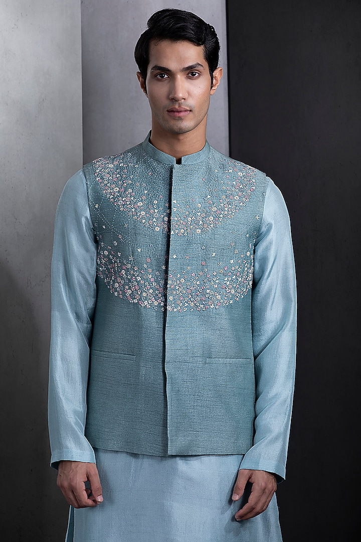 Mineral Blue Silk Embroidered Nehru Jacket Set by Rohit Gandhi & Rahul Khanna Men at Pernia's Pop Up Shop