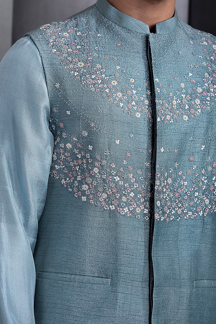 Mineral Blue Silk Embroidered Nehru Jacket Set by Rohit Gandhi & Rahul Khanna Men at Pernia's Pop Up Shop