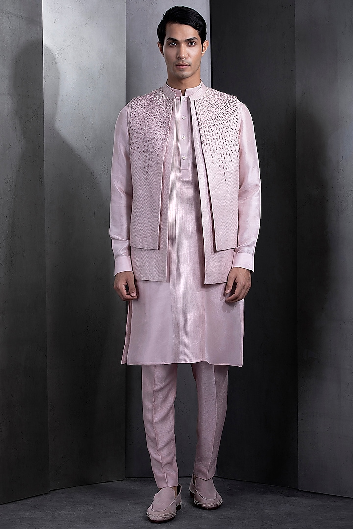 Pink Silk Pearl Embroidered Layered Indo-Western Jacket Set by Rohit Gandhi & Rahul Khanna Men