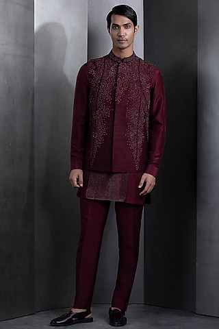 Deep Red Embroidered Nehru Jacket Set by Rohit Gandhi & Rahul Khanna Men