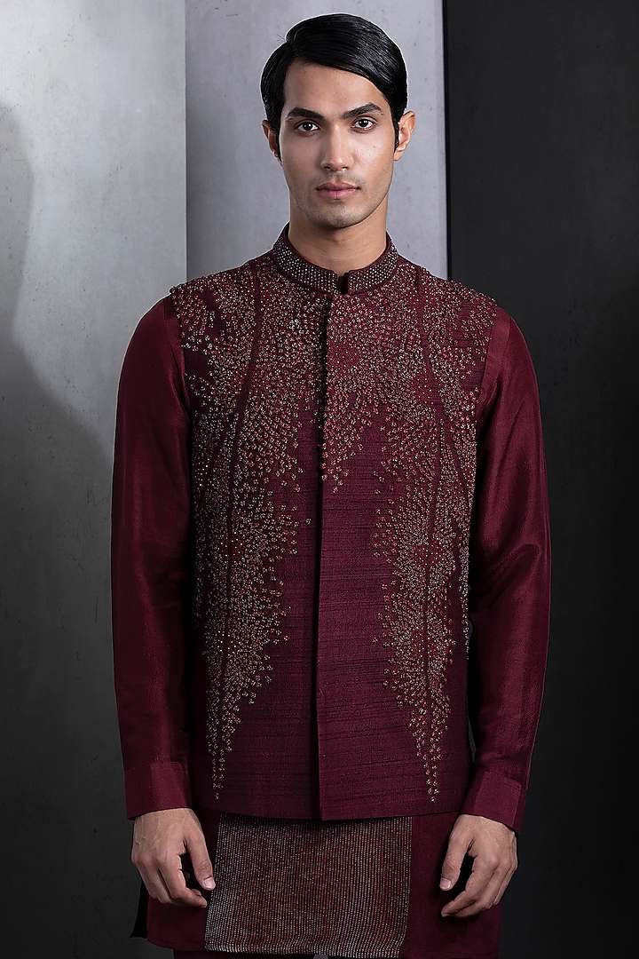 Deep Red Embroidered Nehru Jacket Set by Rohit Gandhi & Rahul Khanna Men at Pernia's Pop Up Shop