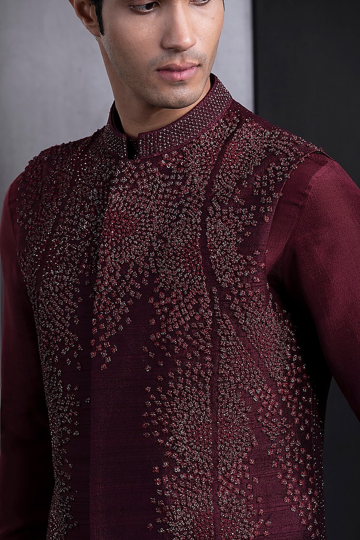 Deep Red Embroidered Nehru Jacket Set by Rohit Gandhi & Rahul Khanna Men at Pernia's Pop Up Shop