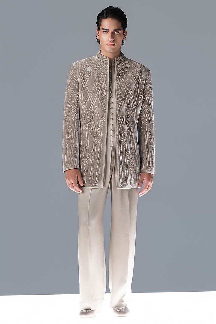 Marble Grey Silk Velvet Embroidered Groom Bandhgala Set by Rohit Gandhi & Rahul Khanna Men at Pernia's Pop Up Shop