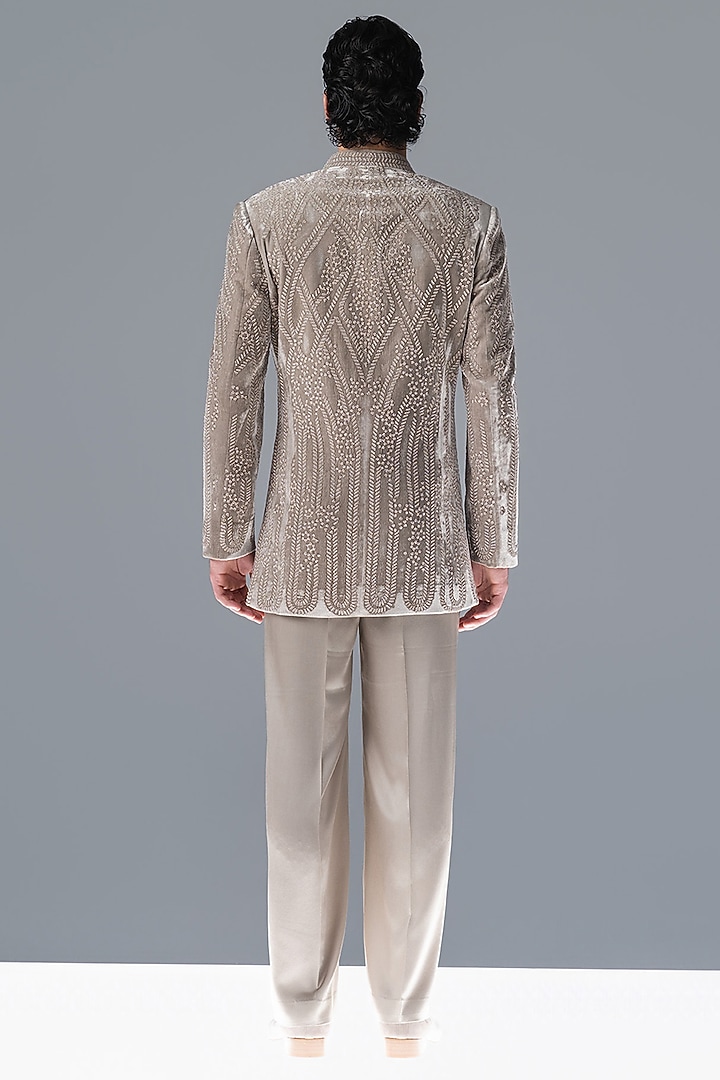 Marble Grey Silk Velvet Embroidered Groom Bandhgala Set by Rohit Gandhi & Rahul Khanna Men at Pernia's Pop Up Shop