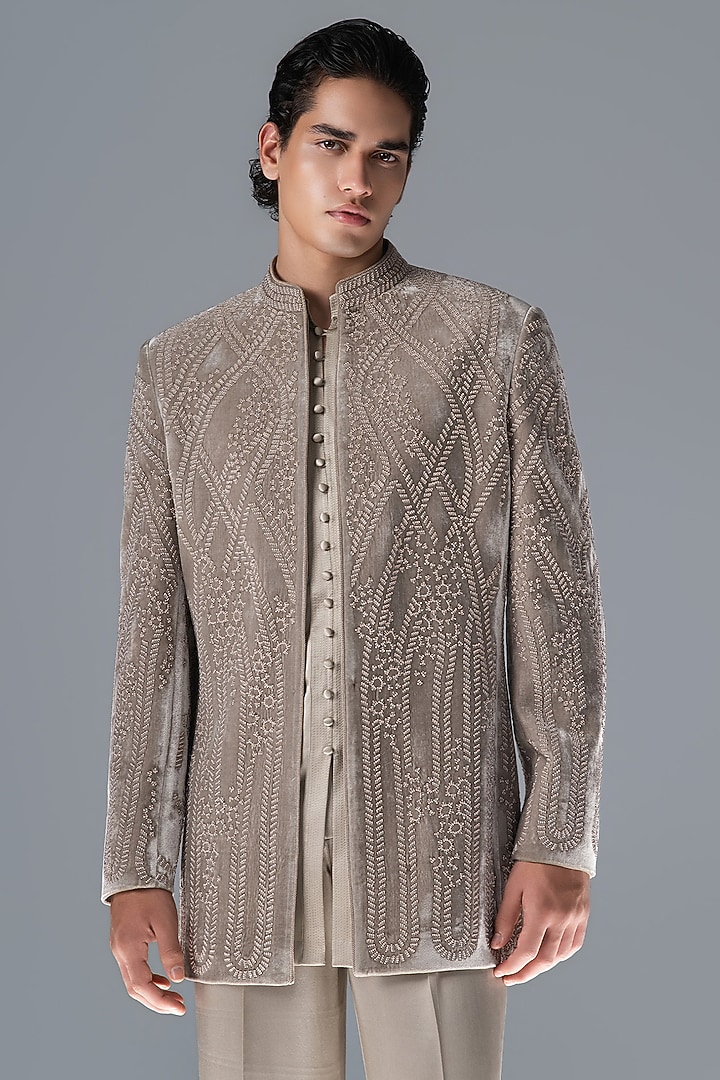 Marble Grey Silk Velvet Embroidered Groom Bandhgala Set by Rohit Gandhi & Rahul Khanna Men at Pernia's Pop Up Shop