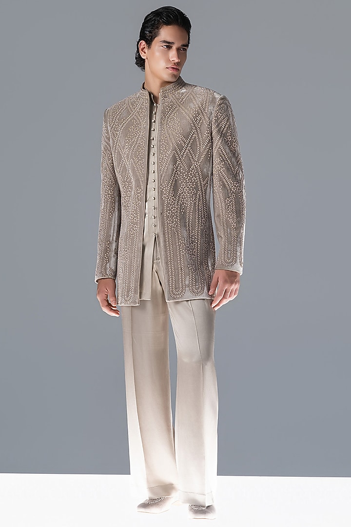 Marble Grey Silk Velvet Embroidered Groom Bandhgala Set by Rohit Gandhi & Rahul Khanna Men at Pernia's Pop Up Shop