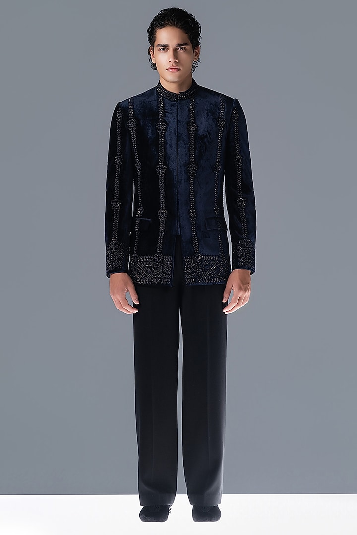 French Navy Silk Velvet Hand Embroidered Groom Bandhgala Set by Rohit Gandhi & Rahul Khanna Men at Pernia's Pop Up Shop
