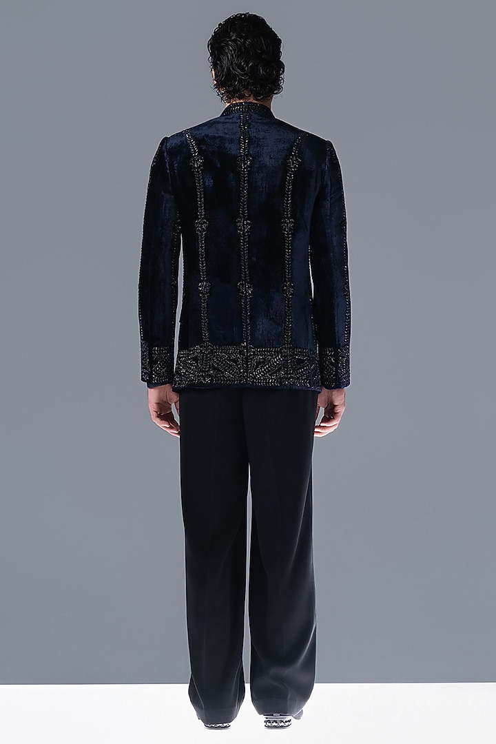 French Navy Silk Velvet Hand Embroidered Groom Bandhgala Set by Rohit Gandhi & Rahul Khanna Men at Pernia's Pop Up Shop