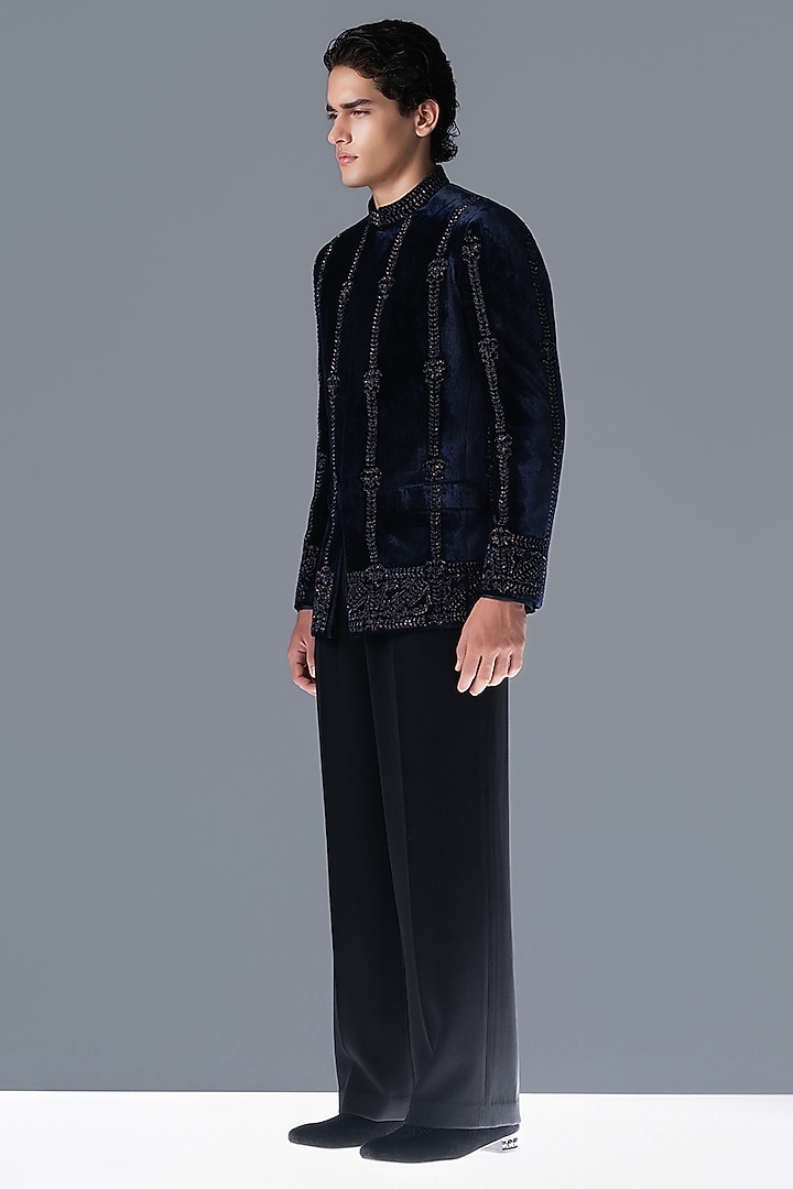 French Navy Silk Velvet Hand Embroidered Groom Bandhgala Set by Rohit Gandhi & Rahul Khanna Men at Pernia's Pop Up Shop