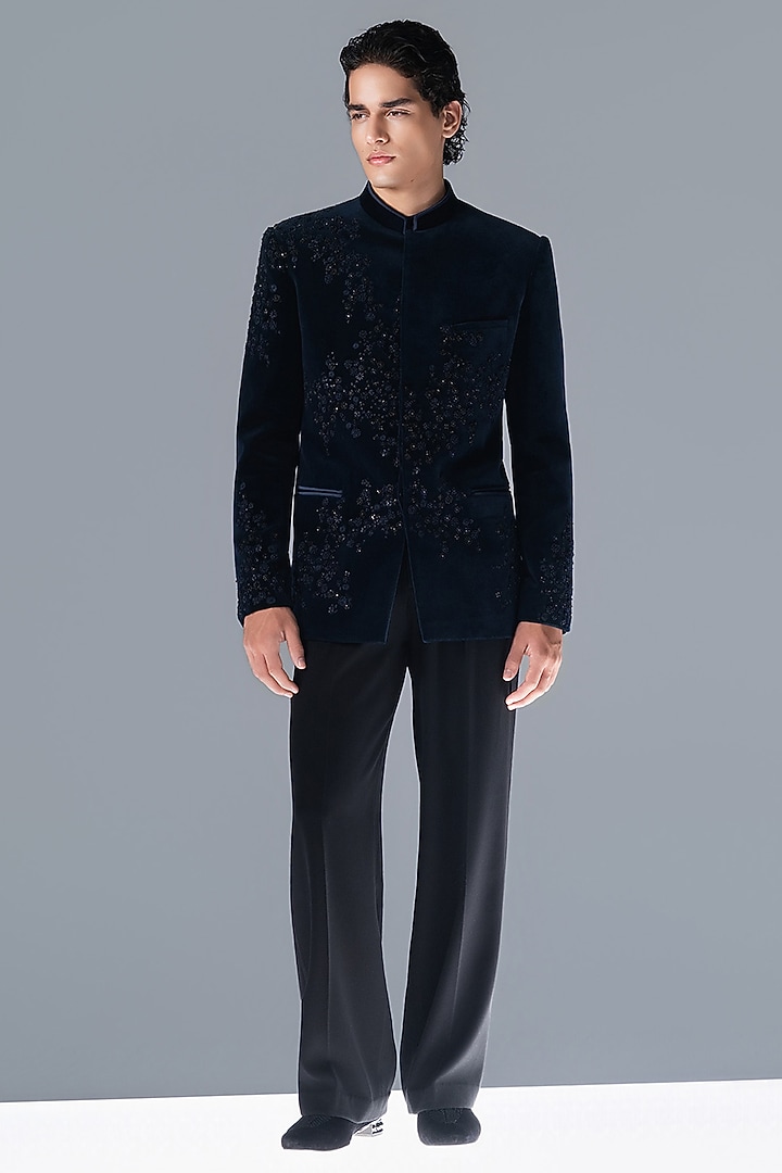 French Navy Silk Velvet Tonal Embellished Groom Bandhgala Set by Rohit Gandhi & Rahul Khanna Men at Pernia's Pop Up Shop