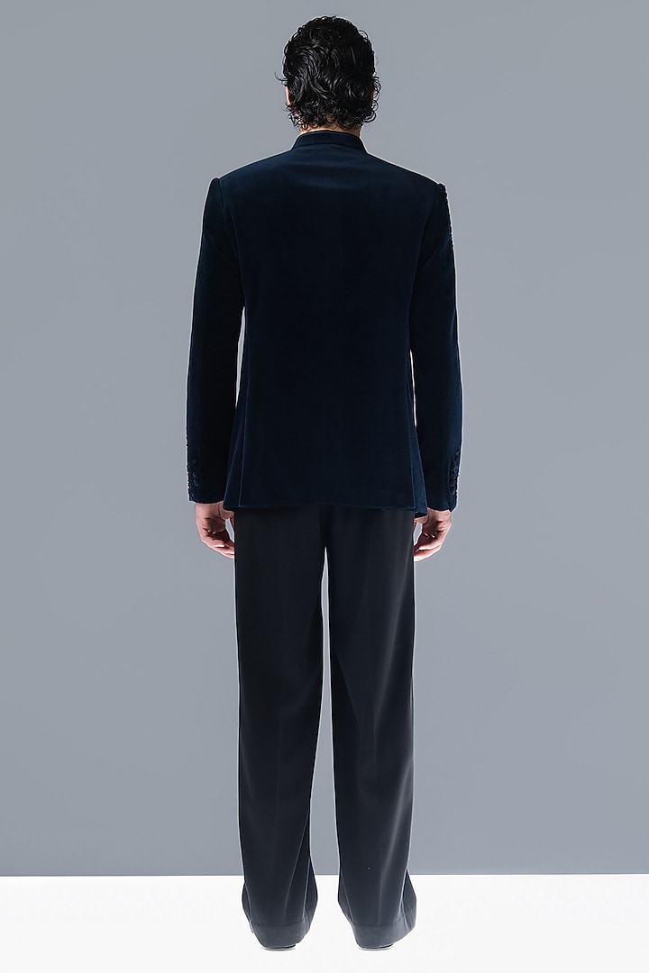 French Navy Silk Velvet Tonal Embellished Groom Bandhgala Set by Rohit Gandhi & Rahul Khanna Men at Pernia's Pop Up Shop