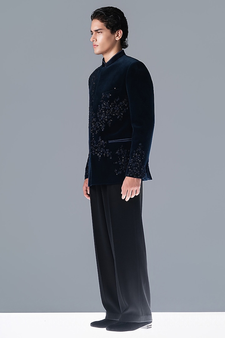 French Navy Silk Velvet Tonal Embellished Groom Bandhgala Set by Rohit Gandhi & Rahul Khanna Men at Pernia's Pop Up Shop