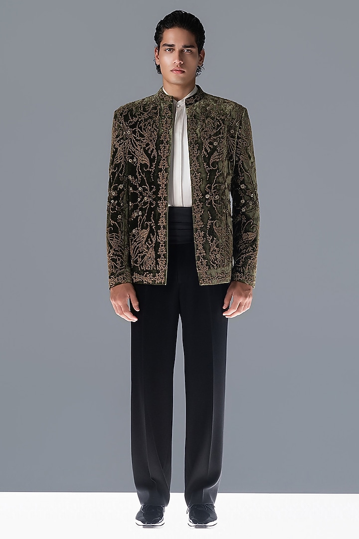 Sap Green Silk Velvet Hand Embellished Groom Bandhgala Set by Rohit Gandhi & Rahul Khanna Men at Pernia's Pop Up Shop