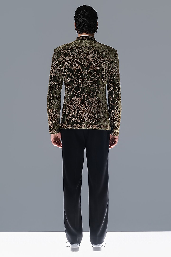 Sap Green Silk Velvet Hand Embellished Groom Bandhgala Set by Rohit Gandhi & Rahul Khanna Men at Pernia's Pop Up Shop