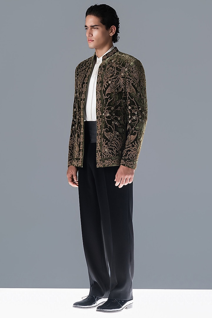 Sap Green Silk Velvet Hand Embellished Groom Bandhgala Set by Rohit Gandhi & Rahul Khanna Men at Pernia's Pop Up Shop