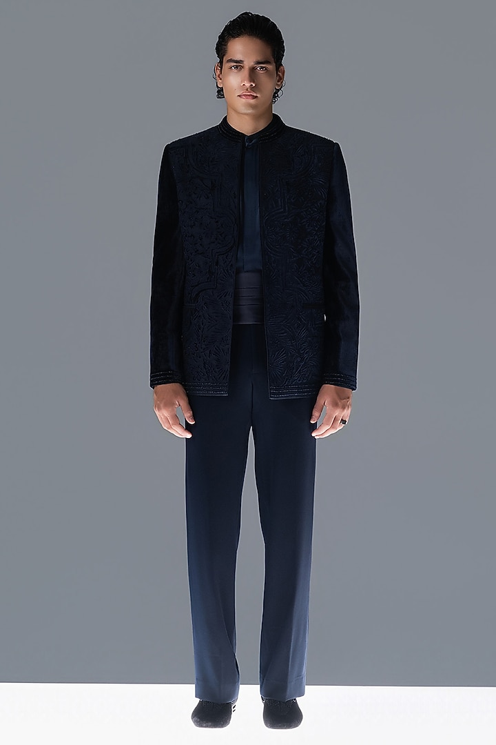 Deep French Navy Silk Velvet Hand Embellished Groom Bandhgala Set by Rohit Gandhi & Rahul Khanna Men at Pernia's Pop Up Shop