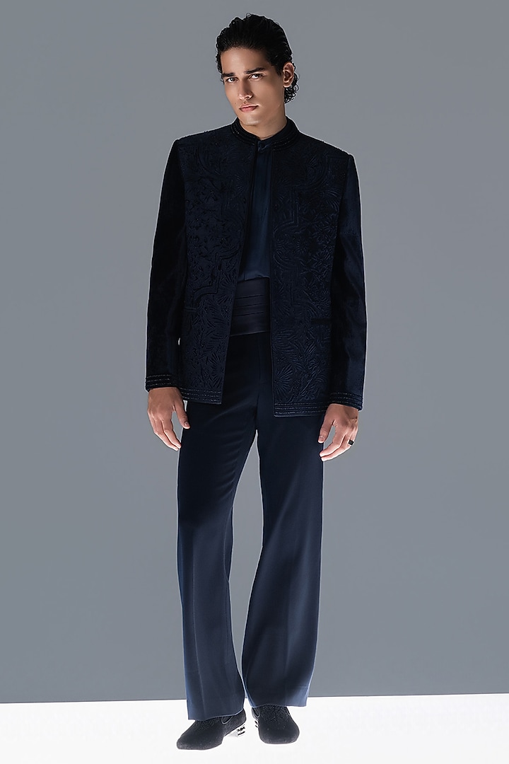 Deep French Navy Silk Velvet Hand Embellished Groom Bandhgala Set by Rohit Gandhi & Rahul Khanna Men at Pernia's Pop Up Shop