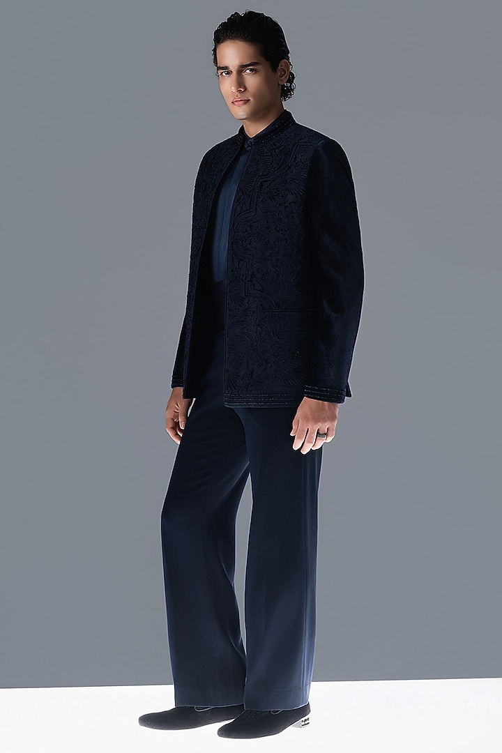 Deep French Navy Silk Velvet Hand Embellished Groom Bandhgala Set by Rohit Gandhi & Rahul Khanna Men at Pernia's Pop Up Shop
