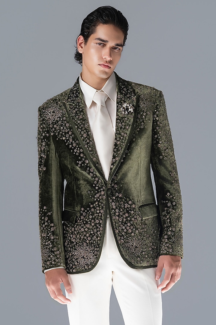 Sap Green Silk Velvet Hand Embellished Tuxedo Set by Rohit Gandhi & Rahul Khanna Men at Pernia's Pop Up Shop