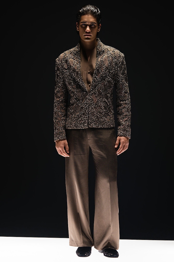Gravel Stone-Colored Dupion Silk Embellished Groom Bandhgala Set by Rohit Gandhi & Rahul Khanna Men at Pernia's Pop Up Shop