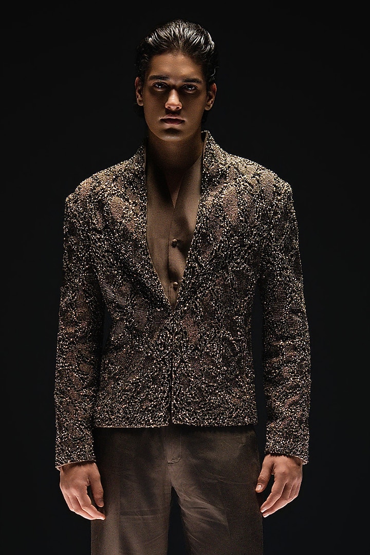 Gravel Stone-Colored Dupion Silk Embellished Groom Bandhgala Set by Rohit Gandhi & Rahul Khanna Men at Pernia's Pop Up Shop