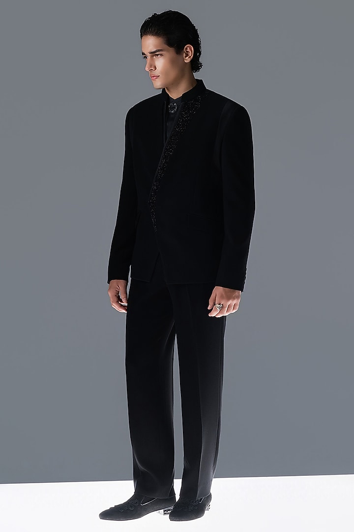 Black Crepe Embellished Groom Bandhgala Set by Rohit Gandhi & Rahul Khanna Men at Pernia's Pop Up Shop