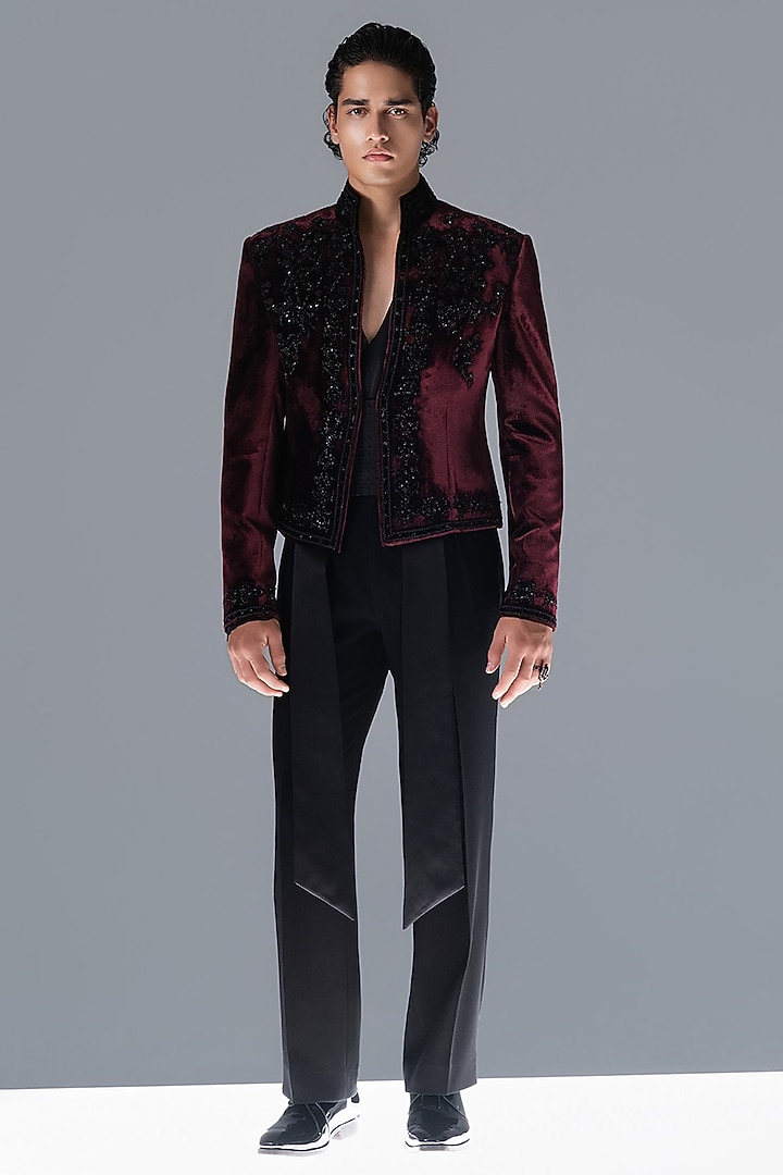 Berry Lush Silk Velvet Hand Embellished Groom Bandhgala Set by Rohit Gandhi & Rahul Khanna Men at Pernia's Pop Up Shop